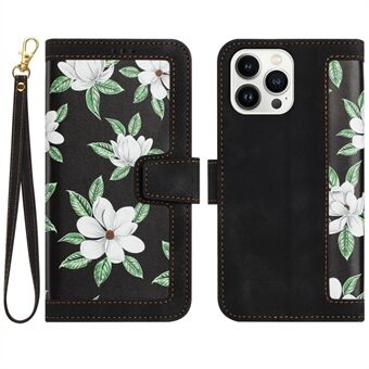 Kortspalter Stå Telefondeksel for iPhone 15 Plus, telefonveske i PU-skinn med blomstermønstertrykk