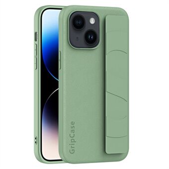 Håndleddsbånd i litchi-tekstur telefonveske for iPhone 15 Plus, PU-lerret dekket PC+TPU-telefonomslag.