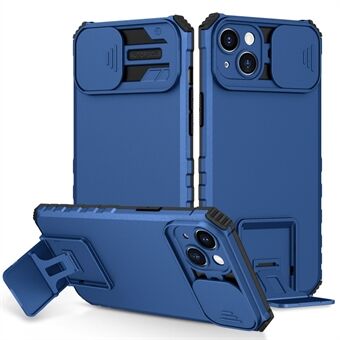 For iPhone 15 Plus Slide-kamera-lokk telefondeksel i PC+TPU, støtsikkert omslag med stativ