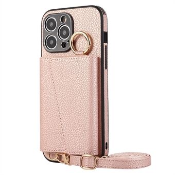 Kortinnehaver Kickstand-telefondeksel for iPhone 15 Plus PU+PC+TPU-beskyttelsesetui med snor.