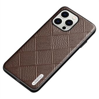 LANGSIDI for iPhone 15 Plus anti-fall-deksel med ruter preget ekte ku skinn + TPU telefonveske.