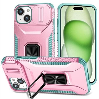 For iPhone 15 Plus-deksel med skyvelinse-lokk av PC+TPU-materiale med støtteben.