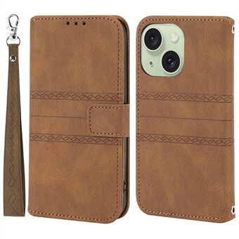 For iPhone 15 Plus-etui trykt i PU-skinn, lommebok med motstand mot fall og reim.