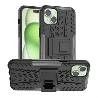 For iPhone 15 Plus Dekk Mønster Design Deksel PC+TPU Telefonveske med Støtteben