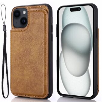 For iPhone 15 Plus-deksel med kortlomme, stativ og PU-skinn+TPU anti-fall telefonbeskyttelse.