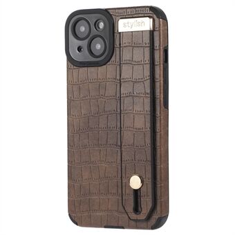 For iPhone 15 Plus-etui i lærbelagt TPU, telefondeksel med håndleddsstropp og støttebenk.