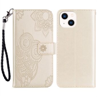 For iPhone 15 Plus-etui med uglepreget PU-skinn, telefonlommebok med stativdeksel.