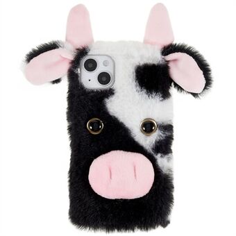 For iPhone 15 Plus TPU-etui med fluffy fuzzy melkekuøre plysj telefondeksel