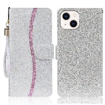 For iPhone 15 Plus Mobildeksel PU Lær Lommebokstativ Glitter Splice Deksel med Stropp