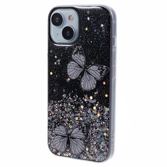 For iPhone 15 Plus Telefon Etui AW-serie, sommerfugldekor gnistrende epoxy TPU+PVC-deksel.