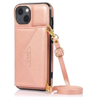 For iPhone 15 Plus-deksel i PU-skinn + TPU-kortholder-anti-fallbeskyttelse med lang stropp.