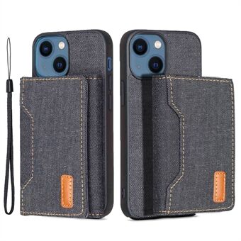 For iPhone 15 Plus Split-Design Wallet Case Jeans Stoff telefondeksel