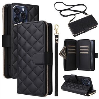 For iPhone 15 Pro-etui Rutenettmønster PU-skinn Crossbody Glidelås Telefondeksel