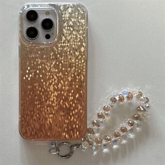 For iPhone 15 Pro Etui Rhombic Mønster Dobbeltsidig IMD PC+TPU Telefondeksel med Krystallperler Stropp