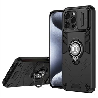 For iPhone 15 Pro-etui med skyvekameradeksel, PC+TPU-telefonbeskytter og ringholder.