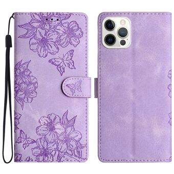 For iPhone 15 Pro-etui Sakura Butterfly Imprint Skin-Touch Leather Wallet-telefondeksel