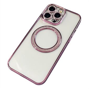 For iPhone 15 Pro-deksel kompatibelt med MagSafe, dekorert med rhinestone, TPU-telefondeksel med glasslinsefilm