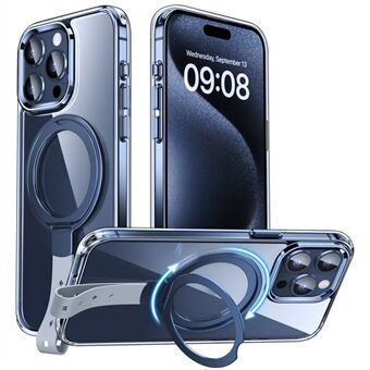 For iPhone 15 Pro-etui Magnetisk Gjennomsiktig PC Hardt Telefondeksel med Roterbar Ringstativ