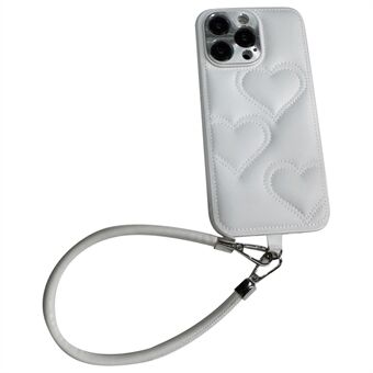 For iPhone 15 Pro Etui med Stropp PU+TPU Telefon Deksel Hjerte Mønster