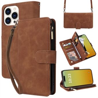 For iPhone 15 Pro Lommebokveske i Lær med Glidelås Flere Kortspor Crossbody Telefonveske