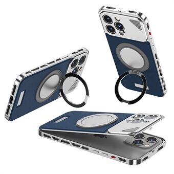 For iPhone 15 Pro Deksel med Magnetisk Lukking Bakplate + Metallramme Telefondeksel med Stativ