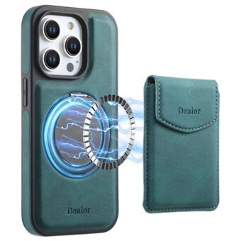 DENIOR D20 For iPhone 15 Pro Etui Avtagbar Kortveske Roterbar Stativ Lær+PC+TPU Deksel