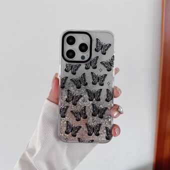 For iPhone 15 Pro Etui Mønstret Trykk Glitter Paljetter Fjærsand PC+TPU Telefon Deksel