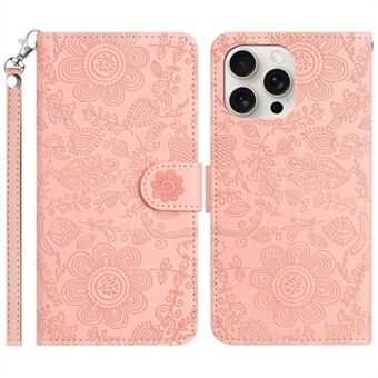 For iPhone 15 Pro Etui Blomsteravtrykk Lær Flip Lommebok Telefondeksel med Håndleddsstropp