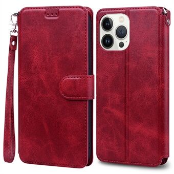 For iPhone 15 Pro Etui PU Lær Flip Stativ Lommebok Telefondeksel med Håndleddsstropp