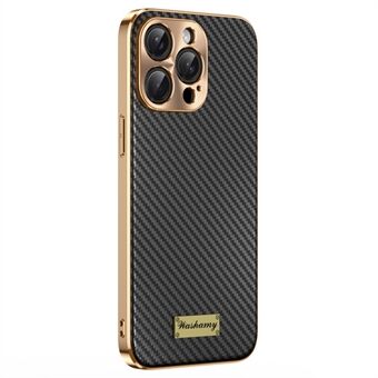 For iPhone 15 Pro-etui Karbonfibertekstur Elektroplettering Kuskinn Lær+TPU Telefondeksel