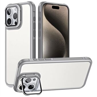 For iPhone 15 Pro Etui med Linsebeskytter Stativ Hud-touch PC+TPU Telefon Bakdeksel