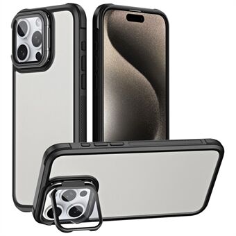 For iPhone 15 Pro-deksel med linsebeskyttelse, kickstand, hudberøring, PC+TPU telefondeksel