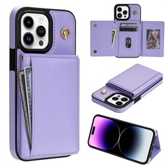 BKS-003 For iPhone 15 Pro Etui Tre-fold Kort Holder Stativ TPU+Lær Ryggdeksel med Skulderstropp