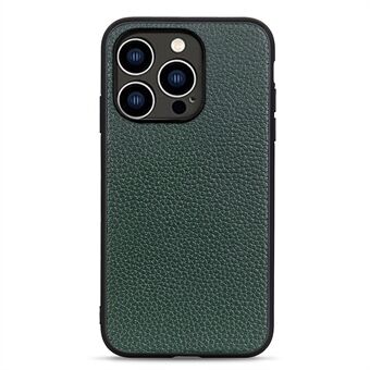 For iPhone 15 Pro Antiskrape Litchi-teksturtelefondeksel Ekte ku skinn + PC + TPU hybrid deksel