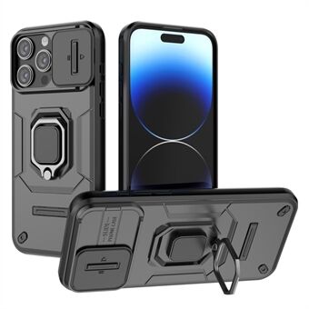 For iPhone 15 Pro Kickstand-telefonveske med skyveobjektivdeksel i PC+TPU-støtsikker og robust skall.