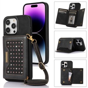 For iPhone 15 Pro RFID blokkerende støtteboksdeksel av PU-skinn + TPU rhinestone dekor lommeboktelefonveske med skulderrem.