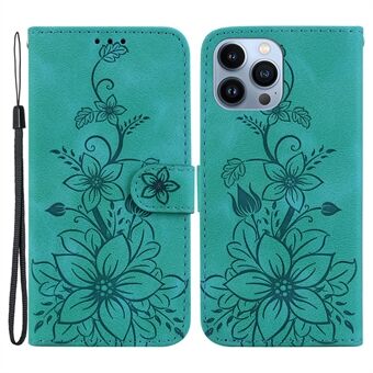 For iPhone 15 Pro Imprintet Lily Flower Etui Fallbestandig PU-lær Lommebokstativ-skall