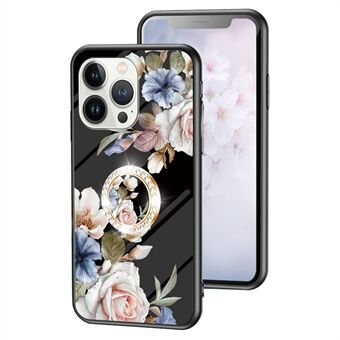 For iPhone 15 Pro herdet glass blomstermønster telefonveske støtsikker PC+TPU ring stativdeksel.