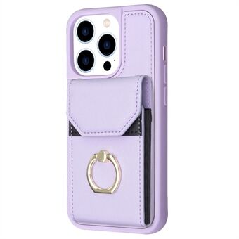 BF29 for iPhone 15 Pro Kortholder Pung Telefondeksel PU-skinn + TPU-telefonveske med ringstøtte.