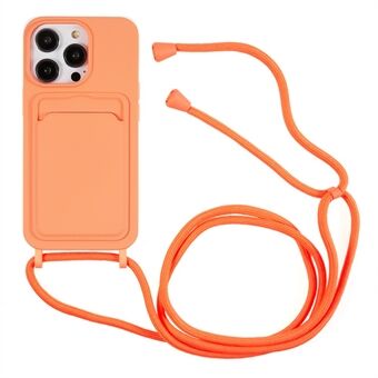 For iPhone 15 Pro Liquid Silicone Kortholder Deksel Anti Riper Beskyttelse Telefonveske med Stropp