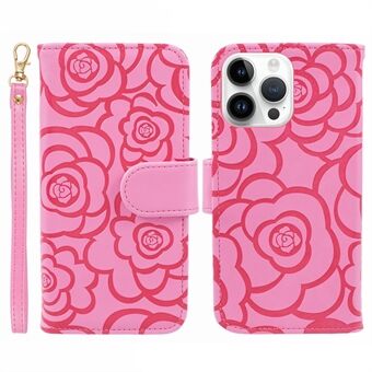 For iPhone 15 Pro Camellia Fingeravtrykk Anti-fall Deksel PU Lær Lommebok Stativ Mobiltelefon Etui