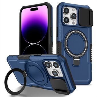 Kickstand-telefondeksel for iPhone 15 Pro Kompatibelt med MagSafe PC + TPU-telefondeksel med skyvbart linsedeksel