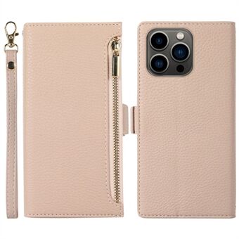 For iPhone 15 Pro-etui med Litchi-tekstur, glidelåslomme, anti-fall skinnomslag med stropp.