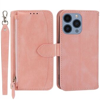 For iPhone 15 Pro Lærdeksel med Glidelåslomme Telefonlommebok Etui med Lang og Kort Stropp