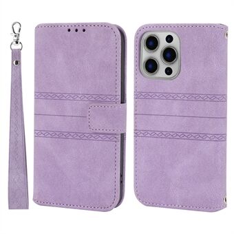 For iPhone 15 Pro-etui, preget PU-skinn lommebokstativ-telefondeksel med stropp.