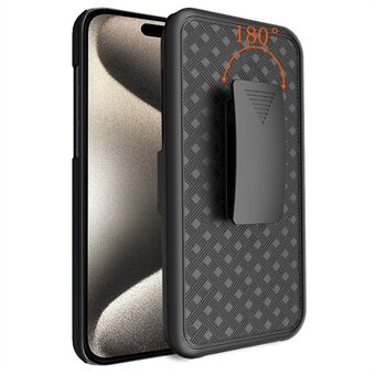 For iPhone 15 Pro-etui Vevd tekstur, klips-kickstand, PC+TPU, skyve-skjermbeskyttelse, telefondeksel.