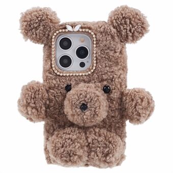 For iPhone 15 Pro 3D teddybjørnspelsveske myk TPU-vinterpelsbeskyttende telefondeksel