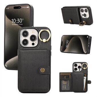 For iPhone 15 Pro-etui børstet PU-skinn + TPU-telefondeksel med ringstativ.