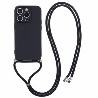 For iPhone 15 Pro-etui i godtefarger, gummibelagt telefondeksel med lang snor.