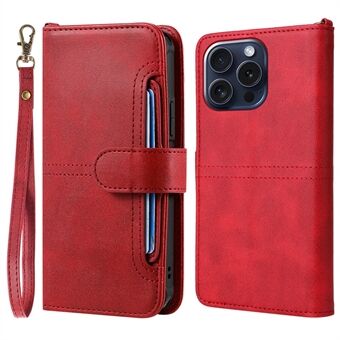 KT Leather-serien-4 for iPhone 15 Pro-dekselet er et 2-i-1-deksel med avtagbart PU-skinn, mobilholder og lommebok.